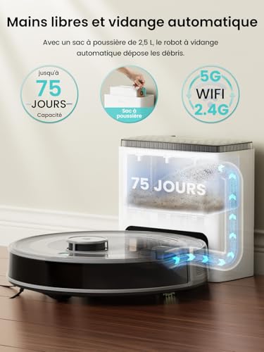 Lefant M2S Plus Robot Vacuum Cleaner with Station, 10000 Pa Suction, Prevents Obstacles, Automatic Suction, Self-Charging, Autonomy 240 Min, Pet Hair, Carpets and Hard Floors, Alexa/App/WiFi, Grey