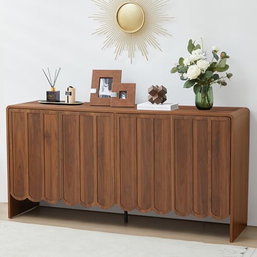 Sideboard Buffet Cabinet, Accent Storage Cabinets with 4 Doors, Farmhouse Wood Cabinet with Adjustable Shelves and Wave Panel for Living Room, Dining Room, Entry - Walnut