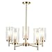 VINLUZ Contemporary 5 Light Chandelier Lighting Brushed Brass Clear Glass Shades Modern Pendant Lamp Rustic Dining Room Lighting Fixtures Hanging Adjustable Wire Semi Flush Ceiling Lights