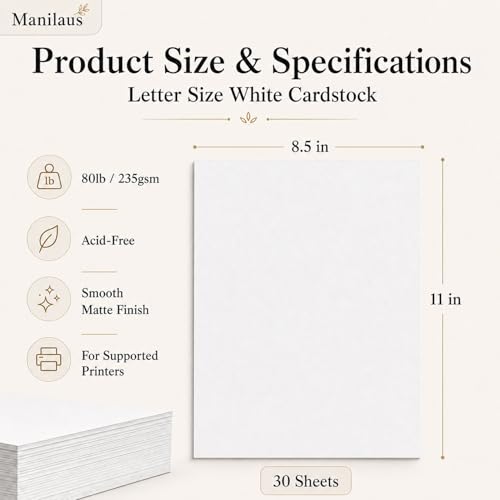 White Cardstock 8.5 x 11"Inch, 80lb Cardstock Paper, 30 Sheets Card Stock Paper 8.5 x 11 White, Heavy Thick Cardstocks Printer Papers for Invitations, Menus, Weddings, DIY Cards, Scrapbooking.