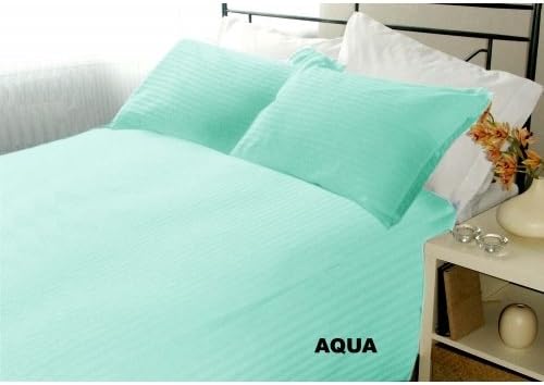 Sleepwell Linen Luxury 300 Thread-Count 100% Pima Cotton (+10 Inch) Pocket Depth, 4pcs Queen-XL Sheet Set Aqua Blue Stripe
