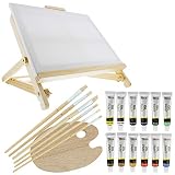 US Art Supply 21-Piece Oil Painting Table Easel Set with, 12-Tubes Acrylic Painting Colors, 11"x14" Stretched Canvas, 6 Artist Brushes, Wood Palette