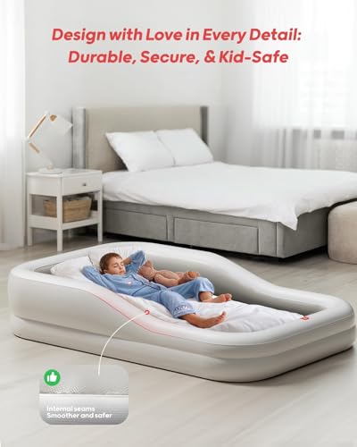 QPAU Inflatable Toddler Travel Bed, Portable Kids Air Mattress, Separate Mattress Design, Nice for Home, Grandma's, Camping, and Vacation (Light Gray)
