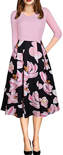 DAYSOFT Women V Neck 3/4 Sleeve Floral High Waisted Zip Block Mid Length A-Line Dress with Pocket