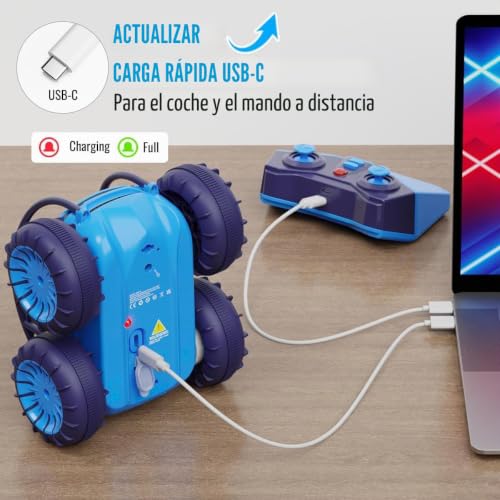 MaxTronic Amphibious Remote Control Stunt Car, Dual USB-C Charging for Car and Controller, 2.4 GHz, 360° Laps and Adjustable LED Lights, 15 km/h, RC Toy Boys and Girls Ages 3 to 12