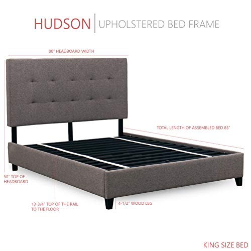 Hudson Tufted Upholstered Platform Bed, 50" Tall Headboard, Heather Gray Fabric, Strong Wood Slats, Wood Feet, Designed to Work with Adjustable Beds, Solid Rail (King)