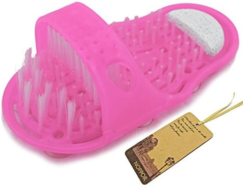 Noppor Bathroom Shower No Bending Feet Brush Foot Cleaning Bristle Slipper Bath Scrubber Massager Stick on Floor (Red)
