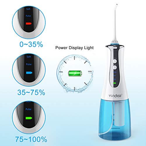 Water Flosser Oral Irrigator, YUNDOO Cordless Rechargeable Anti Leakage Non-slip 300 Ml Water Pick Teeth Cleaner with Power Light for Braces, Implants, Bridges, Dental Care at Home and Travel