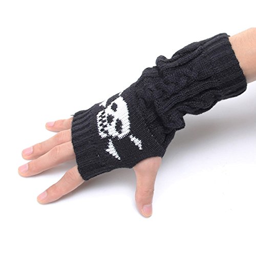 Flammi skull patterned cable knit fingerless gloves thumb hole gl…