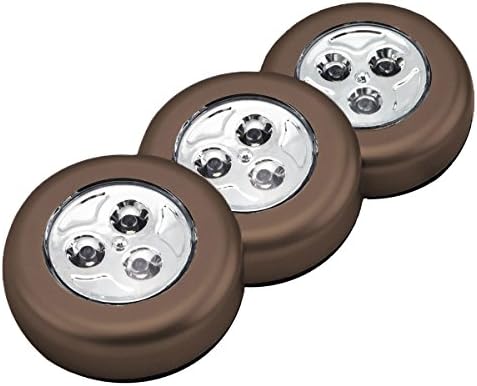 Techno Earth LED Battery-Operated Stick-On Tap Push Light for Night, Closets, Attics, Garages, Car, Sheds, Storage Room, 3 Pack (Brown)