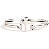Hebelee Cubic Zirconia Cross Ring for Women Silver Plated Clear CZ Layered Adjustable Stackable Wrap Finger Rings Comfort Fit Minimalist Faith Engagement Jewelry