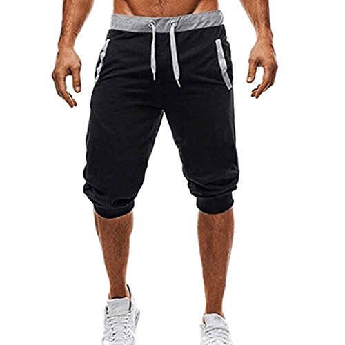 Respctful Men Sport Fitness Jogging Elastic Stretchy Cotton Mid Waist Bermuda Sweatpants Short Pant (Black, M) - Thumbnail 4