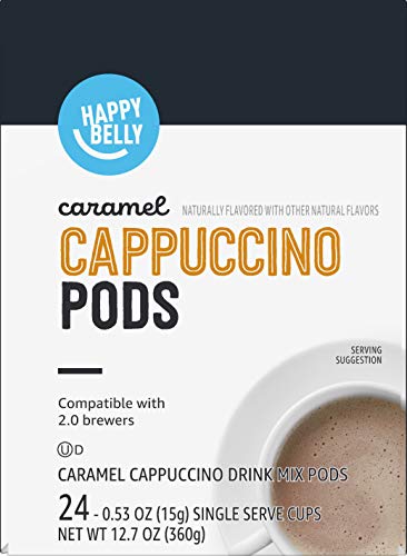 AMAZON BRAND – HAPPY BELLY CAPPUCCINO COFFEE PODS COMPATIBLE WITH K CUP BREWERS, LIGHT ROAST, CARAMEL FLAVORED, 24 COUNT, 12.72 OUNCE (PACK OF 1)