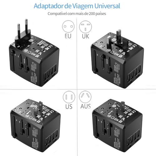 Carregador Universal com Adaptadores de Viagem, Adaptador de Tomada CA com Alimentação Inteligente de 6A 4 Portas USB A e 2 USB Tipo C de 3A para USA EU UK AUS(Bolsa de Viagem Incluída)