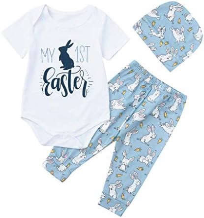 Cyhulu Toddler Infant Baby Girls Short Sleeve My 1st Easter Romper+Cartoon Rabbit Pants+Hat 3Pcs Summer Easter Day Bodysuit Outfits Clothes (White, 3-6 Months)