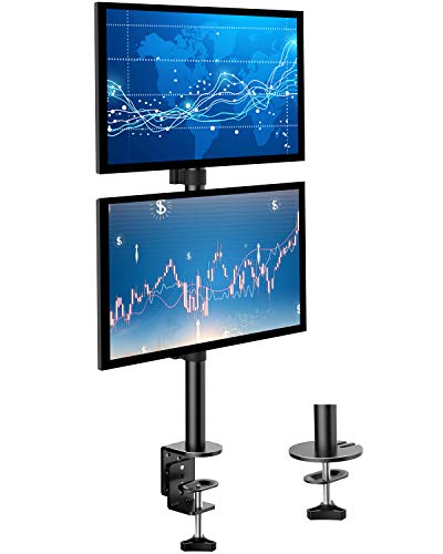 HUANUO Vertical Monitor Stand for 2 Monitors – Dual Stacking Screen Holder Desk Mount Fits Two 13 to 27 Inch LCD Computer Displays with C Clamp, Grommet Base