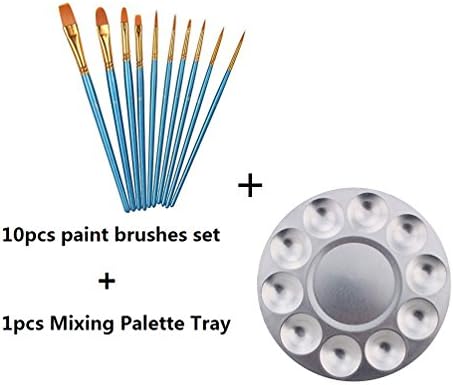 COMIART Painting Art Supplies Set ,10 Pieces Blue Round Pointed Tip Nylon Hair Brush with 1Pcs Metal 10 Well Round Artist Watercolours Paint Mixing Palette