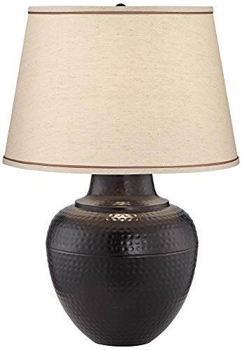 Brighton Rustic Table Lamp Hammered Bronze Metal Pot Beige Linen Drum Shade for Living Room Family Bedroom Nightstand - Barnes and Ivy