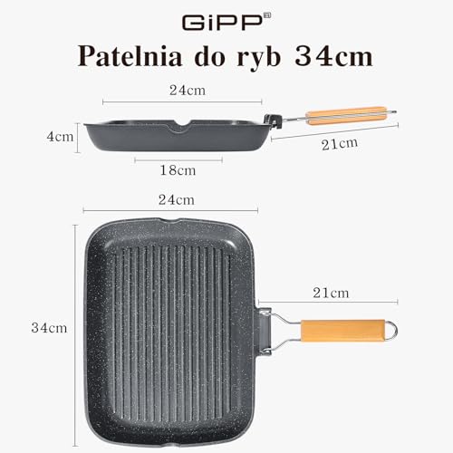 GiPP Non-Stick Grill Pan 34 x 24 cm with Folding Handle | Suitable for all types of stoves, induction, gas, ceramic, electric, aluminium, easy to store and save space