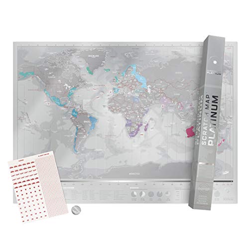 Scratch Off World Map - Deluxe Personalized Travel Map with Details Including States, Cities, Landmarks, Oceans, Islands etc. - Silver Scratch Off Map - Scratchable World Map Wall Decor - Platinum