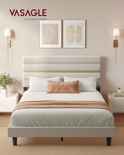Lit Double, Cadre de Lit, Convient pour Un Matelas de 160 x 200 cm, Tête de Lit Rembourrée Ajustable, en Métal, Bois Massif, Moderne, Beige Cappuccino RMB505LH01