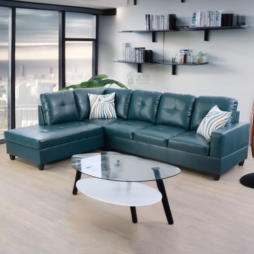 Photo 1 of NicBex Modern Peacock Blue L-Shape Sectional Sofa with Left Chaise, 74.5" W x 35" D x 12.5" H, Leather Upholstered, 3-Seater, Assembly Required