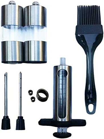 ekSel Marinade Injector Set with needles Stainless Steel plus BPA free Silicone Basting Brush and Pepper Mill & Salt Mill