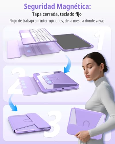 CACOE 360° Rotating Keyboard Case for iPad Air 8/7 Generation 2026/2025 M4/M3 11 Inch Air 6/5/4 with Touch Panel, 7 Color Backlight, Removable Wireless Keyboard, Purple