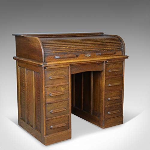 Small Antique Roll Top Desk, Oak, Tambour, William Angus and Co Ltd London c1910