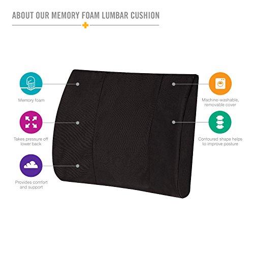 DMI Memory Foam Lumbar Pillow Back Support Cushion with Strap for Better Posture and Easing Back Pain, Black