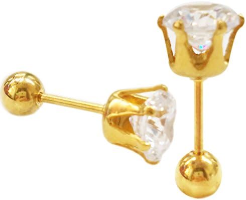 Pair of 20g Stainless Steel Pin 6mm Round Cubic Zirconia Helix Cartilage Tragus Ear Lobe Barbell Stud Earrings (6mm Round Clear)