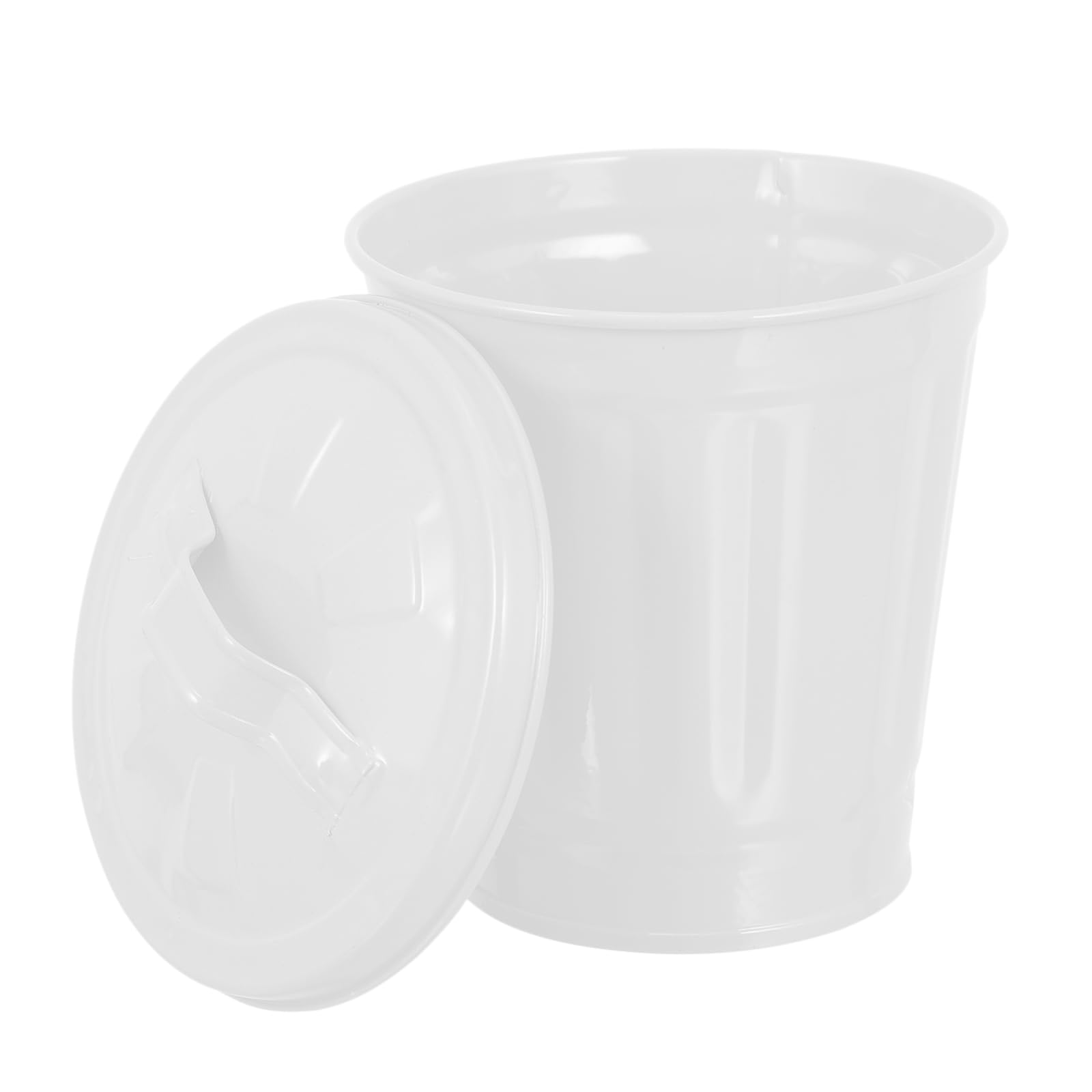 ULTECHNOVO Mini Metal Wastebasket with Lid: Desktop Trash Can Tiny Garbage Bin Small Waste Paper Container for Bathroom Vanity Countertop White 11X9CM