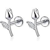 Niaspi Silver Tulip Stud Earrings for Women 16G Small CZ Rhinestone Flower Flat Back Earrings Studs Conch Helix Cartilage Piercing Jewelry Dainty Ear Jewelry