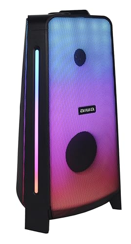 Aiwa Bocina Portátil Recargable 50W RMS, Bluetooth 5.3 con TWS, Doble Woofer de 5", Luces LED, Super Bass, Radio FM, Doble Entrada para Micrófono Karaoke, Pantalla LCD, Modelo AWPOK400LD Color Negro