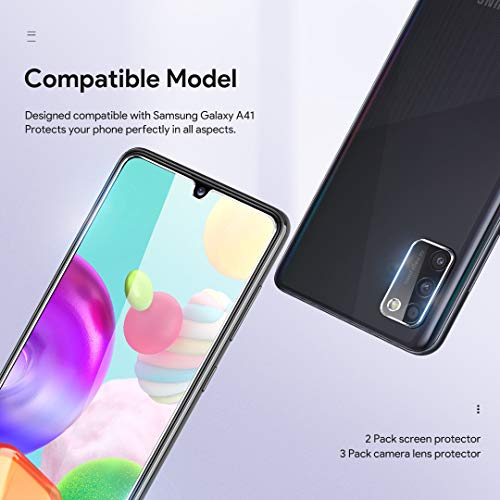 [2+3 Pièces] LϟK Verre Trempé Compatible avec Samsung Galaxy A41 avec 2 Pièces Protection Écran + 3 Pièces Caméra Arrière Protecteur - sans Bulles Ultra Dureté Empreintes Digitales de Support
