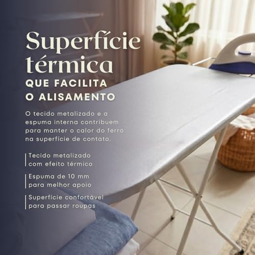 Tabua de Passar Roupa Dobrável com Suporte para Ferro | Estrutura em Aço Reforçado | Tecido Térmico Metalizado | 3 Regulagens de Altura | Mesa de Passar Roupa Portátil Resistente Premium