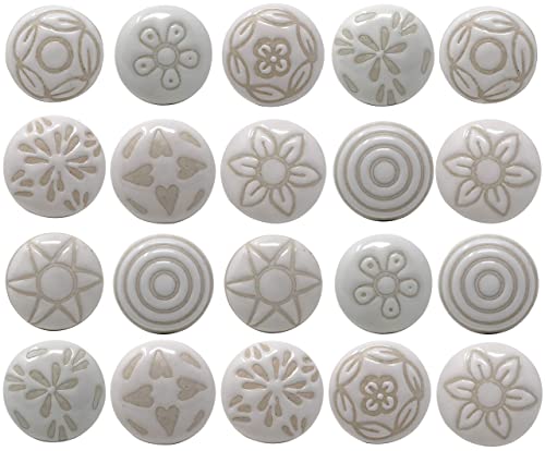 Ajuny Set of 20 Ceramic Furniture Knobs Drawer Cabinet Knobs | White Handmade Vintage Dresser Gloss Finish Decorative Ideal for Kitchen and Bathroom Style