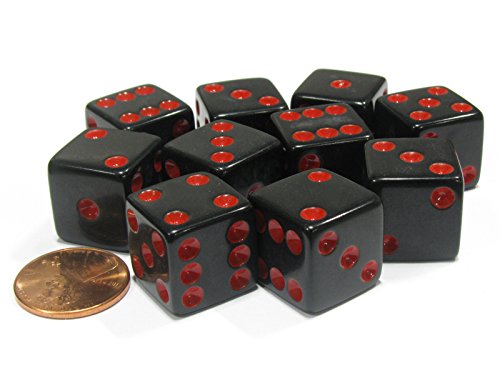 Set of 10 Six Sided Square Opaque 16mm D6 Dice - Black with Red Pip Die by Koplow Games