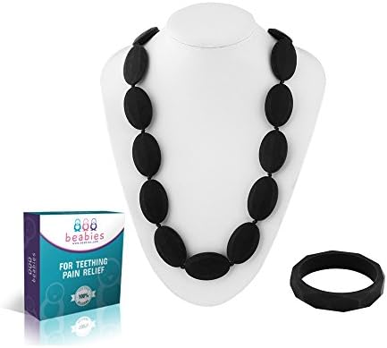 Beabies Breastfeeding Necklace - Teething Necklace for Mom to Wear and Bracelet/Bangle are Smart Baby Shower Gifts - Teether Beads Provide Soothing Pain Relief (Black)