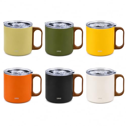 LUMAI Caneca Térmica 350ml Inox com Tampa Antivazamento Premium - Branca | Caneca de Café Caraíva, Aço Inox 304, Parede Dupla com Isolamento Térmico, Alça Estilo Madeira, Bebidas Quentes ou Frias