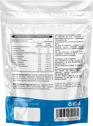 Wellthy Complejo B Cápsulas 120 porciones. Reforzado con Biotina y Glutamina. VCaps Cápsulas veganas, Bottle Free.