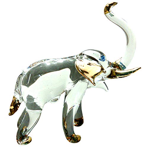 Sansukjai Elephant Tiny Miniature Hand Blown Glass Art Figurines Animals Collectible Gift Decorate, Trunk Up (Clear Gold)