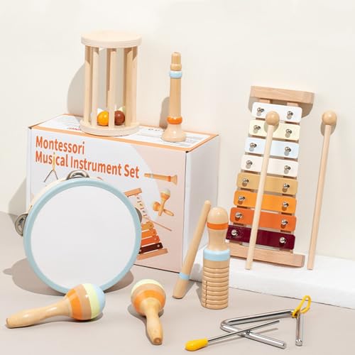 AM ANNA Toddler Musical Instruments, Montessori Toys for 1 year old, Musical toys for Toddlers 1-3 with Modern Boho Xylophone for Kids ,Natural Wooden Percussion Instruments Toy for Boys and Girls