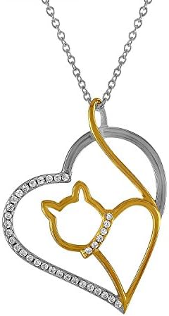 EZ Creations Cat Charm Necklace Pendant Heart Yoga Jewelry Women Sterling CZ Two Tone Gold Plated. Gift Packaged