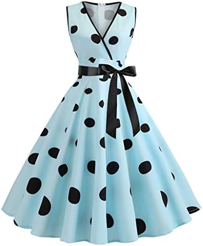 Sharemen Women Casual 1950s Retro Sleeveless Dress V-Neck Dot Printing Party Prom Swing Dress