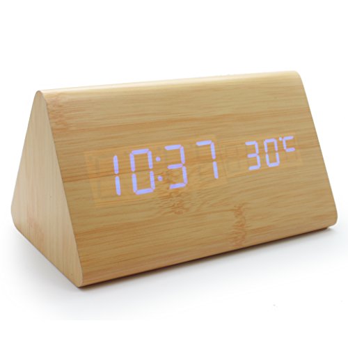 JCC NEW Wooden Series Modern Mini Triangle Wood Grain Thermometer Sound Activated Desk SUPER SOFT Night Light LED Digital Alarm Clock (Bamboo-Blue)