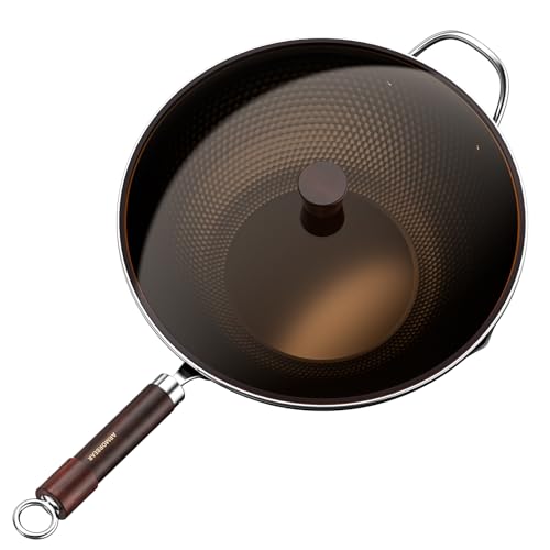 Armorbear 34cm Carbon Steel Wok Pan, Tripol Nitrided, Pre-seasoned Flat Bottom Wok, Non-Stick Japanese Wok with Glass Lid for All Stove Tops