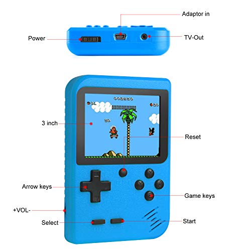 Diswoe Handheld Game Mini Machine, Portable Game Console, Great Gifts for Kids and Adults, 3.0 inch Screen Classic Retro Games with Controller, Support for Connecting TV & Two Players (Blue)