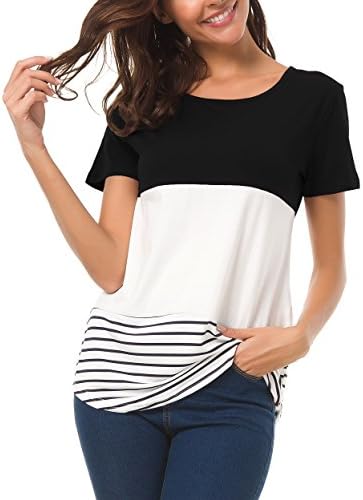 Mounblun Short Sleeve Round Neck Triple Color Block Stripe T-Shirt Casual Blouse