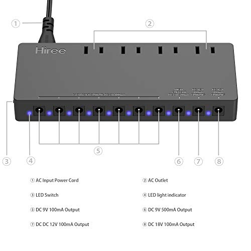 Hiree Guitar Pedal Power Supply Adapter Station Distributor 10 Isolated DC Output for 9V/12V/18V Effect PedalBoard with 4 AC Outlet for Charging Speaker, Musical Instruments - Thumbnail 4